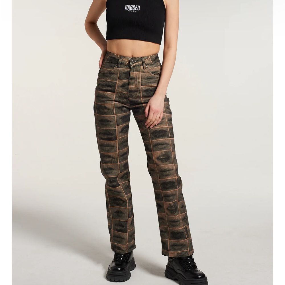 Olive Grid Straight-Leg Pants